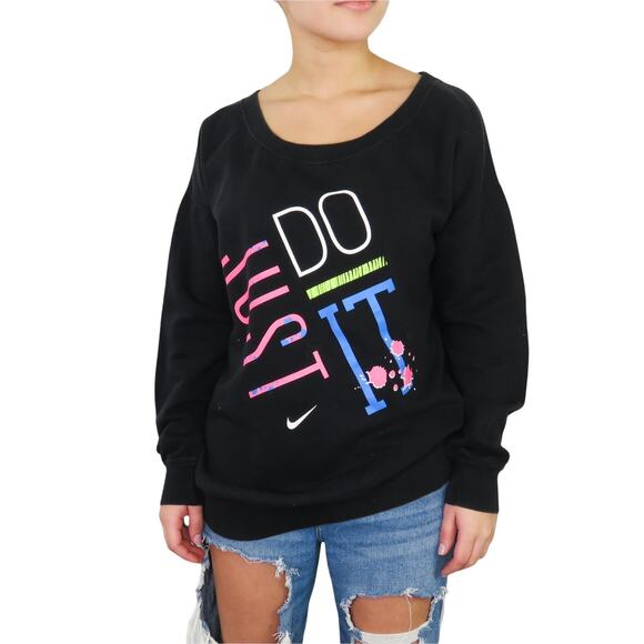 1990s Vintage Nike Black Crewneck Sweatshirt Just Do It Graphic Neon Medium - Picture 1 of 6